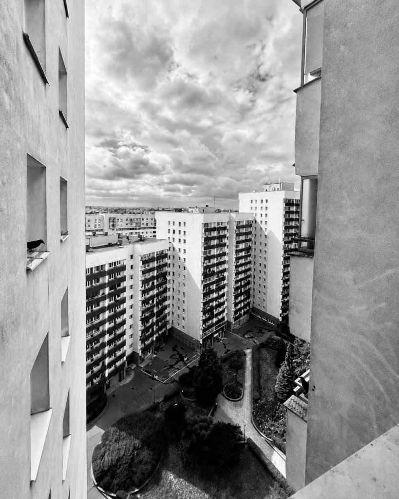 High-rise buildings and landscaped courtyard of the 1980s Kobielska estate in Grochów, Warsaw