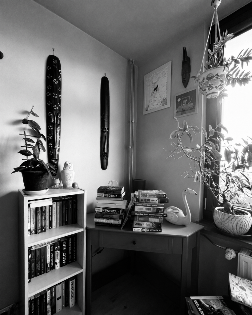 Books, plants and personal objects inside a lived-in home in Grochów, Warsaw