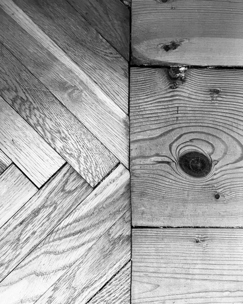 Original oak herringbone parquet and wooden floorboards in a 1936 Warsaw apartment
