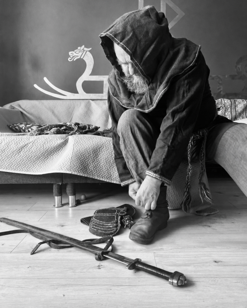 Zawisza preparing his Viking outfit inside his home in Grochów, Warsaw
