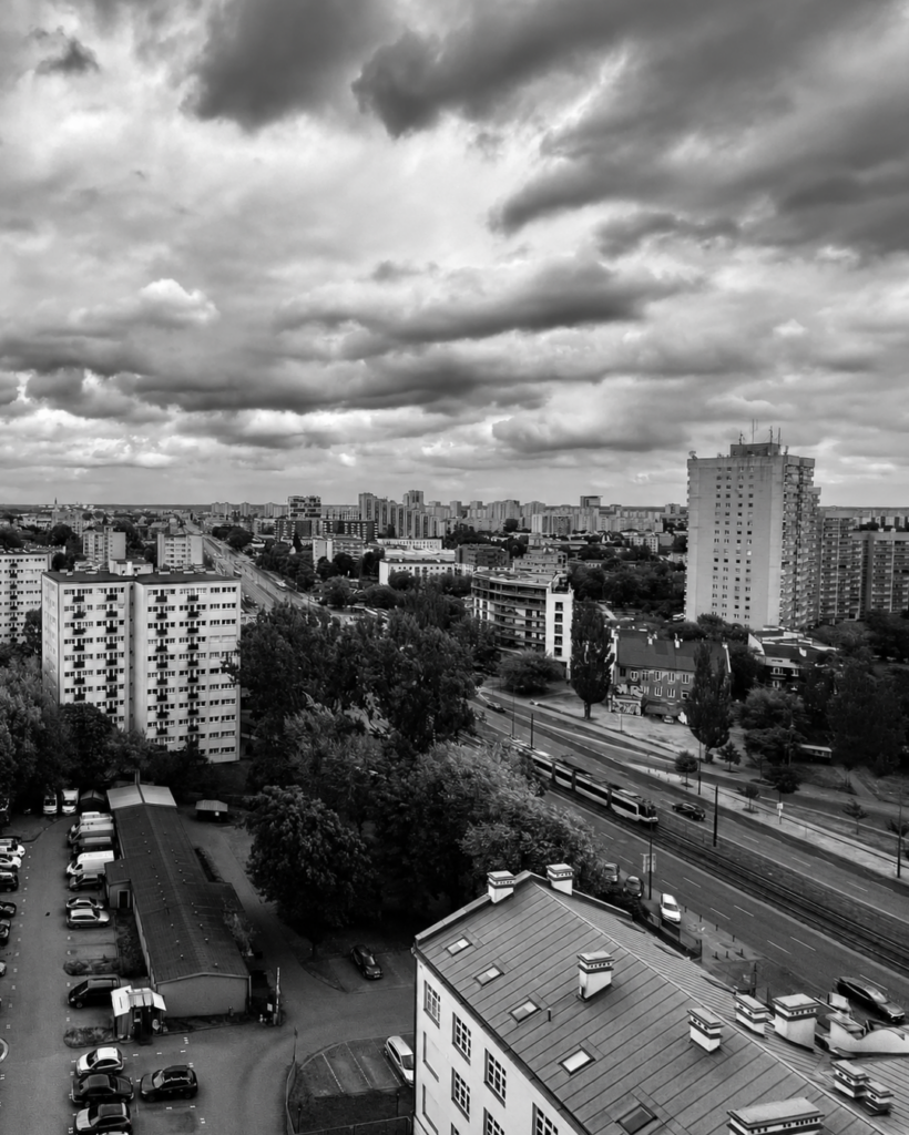 View across Warsaw from a fifteenth-floor apartment in Grochów
